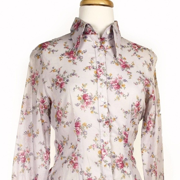 Vintage 70s Fitted Long Sleeve Semi Sheer Blue Pink Floral Blouse Sz S - Hey Viv - Picture 2 of 6